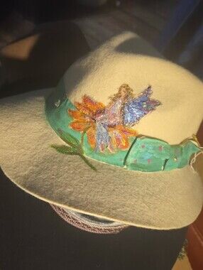 Fairy Hand Painted Wool Fedora With Rhinestone Accents.